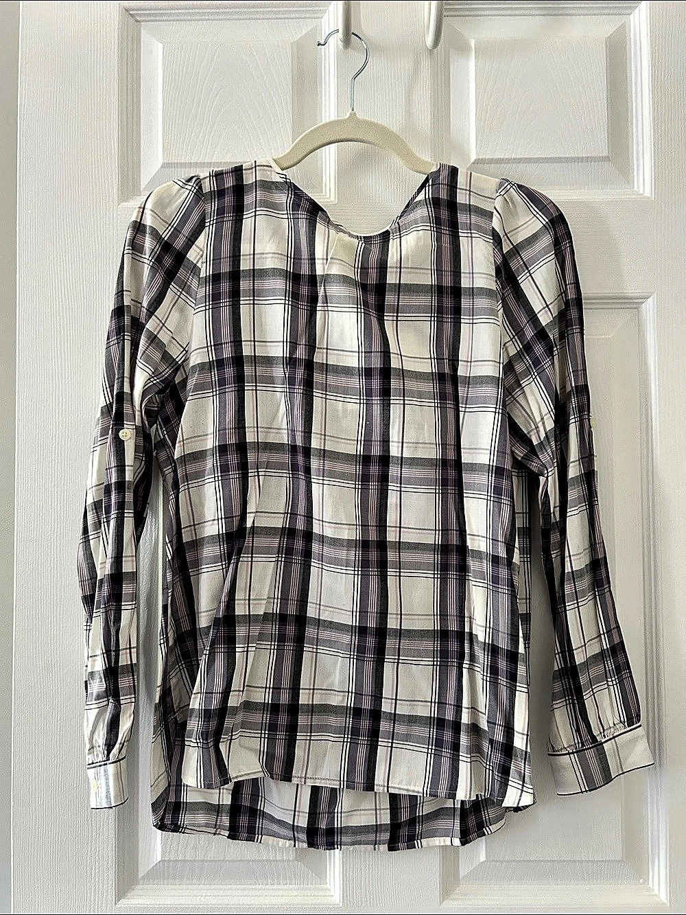 LOFT Plaid Blouse Purple & White Medium Petite